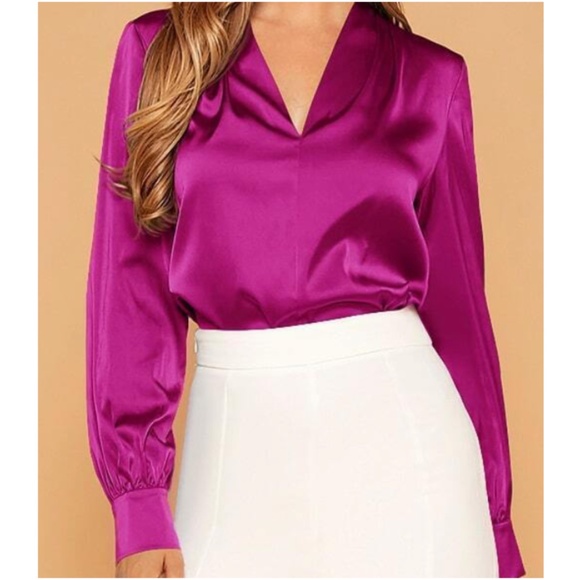 Luxe Satin V neck Long Sleeve Minimalist Blouse - Picture 3 of 11